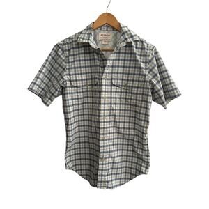 Filson Plaid Short Sleeve Vented Shirt XS Sky Navy Gold Outdoor Travel Fishing